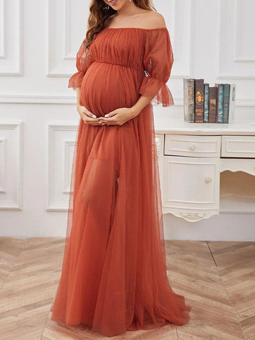 Maxi Robes de Maternité en Tulle à Manches Cloche et Col Bateau